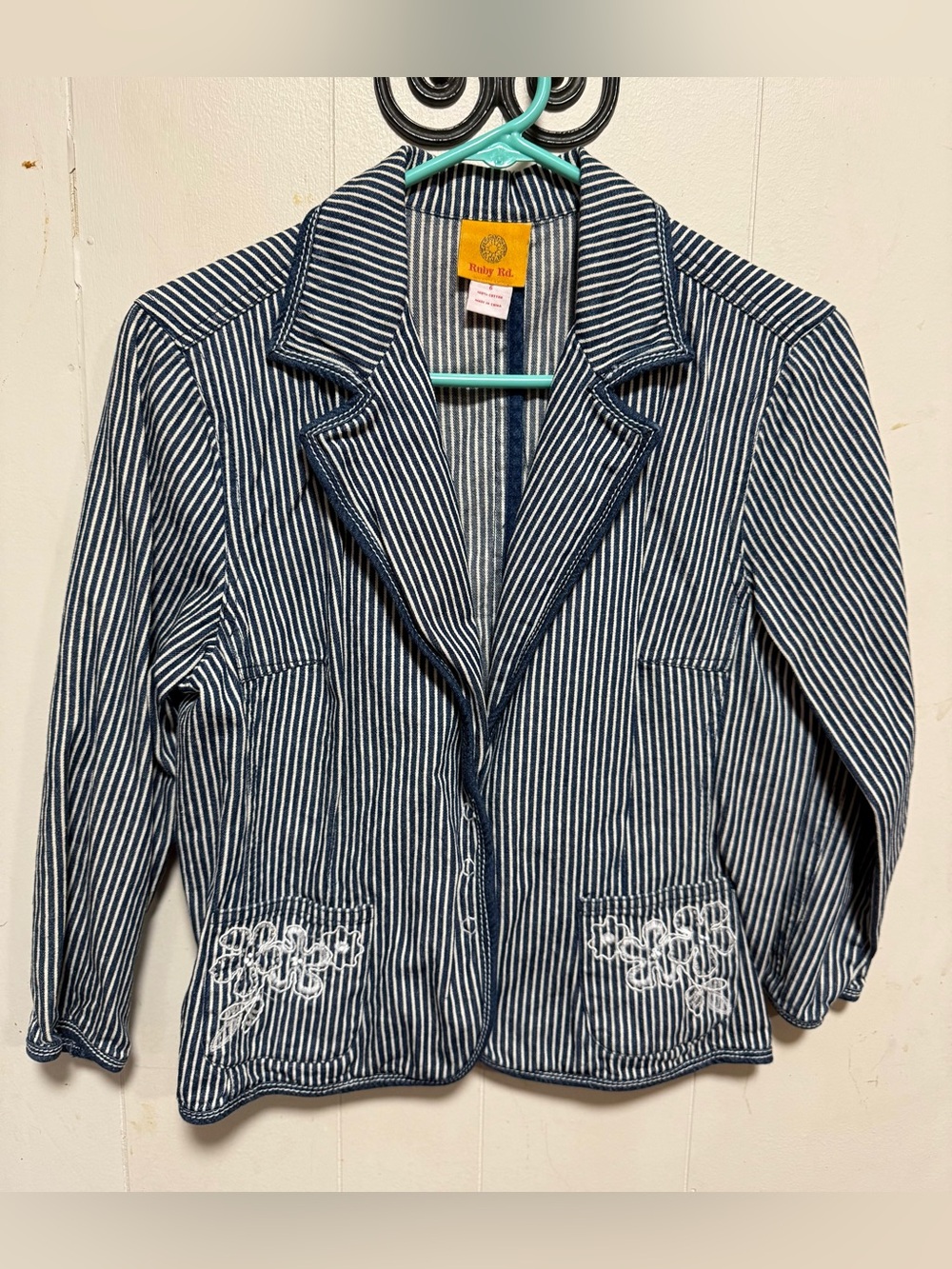 Ruby Rd. Navy and White Striped Embroidered Blazer